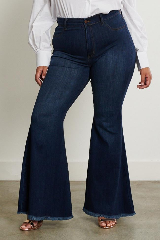 Vibrant High Waisted Plus Size Frayed Bell Bottom Jeans Dark Denim