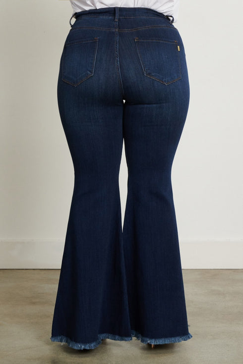 Vibrant High Waisted Plus Size Frayed Bell Bottom Jeans Dark Denim