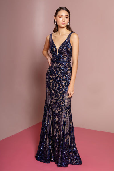 Elizabeth K GL2551 Sequin Mesh V-Neck Mermaid Dress - Navy – SohoGirl.com