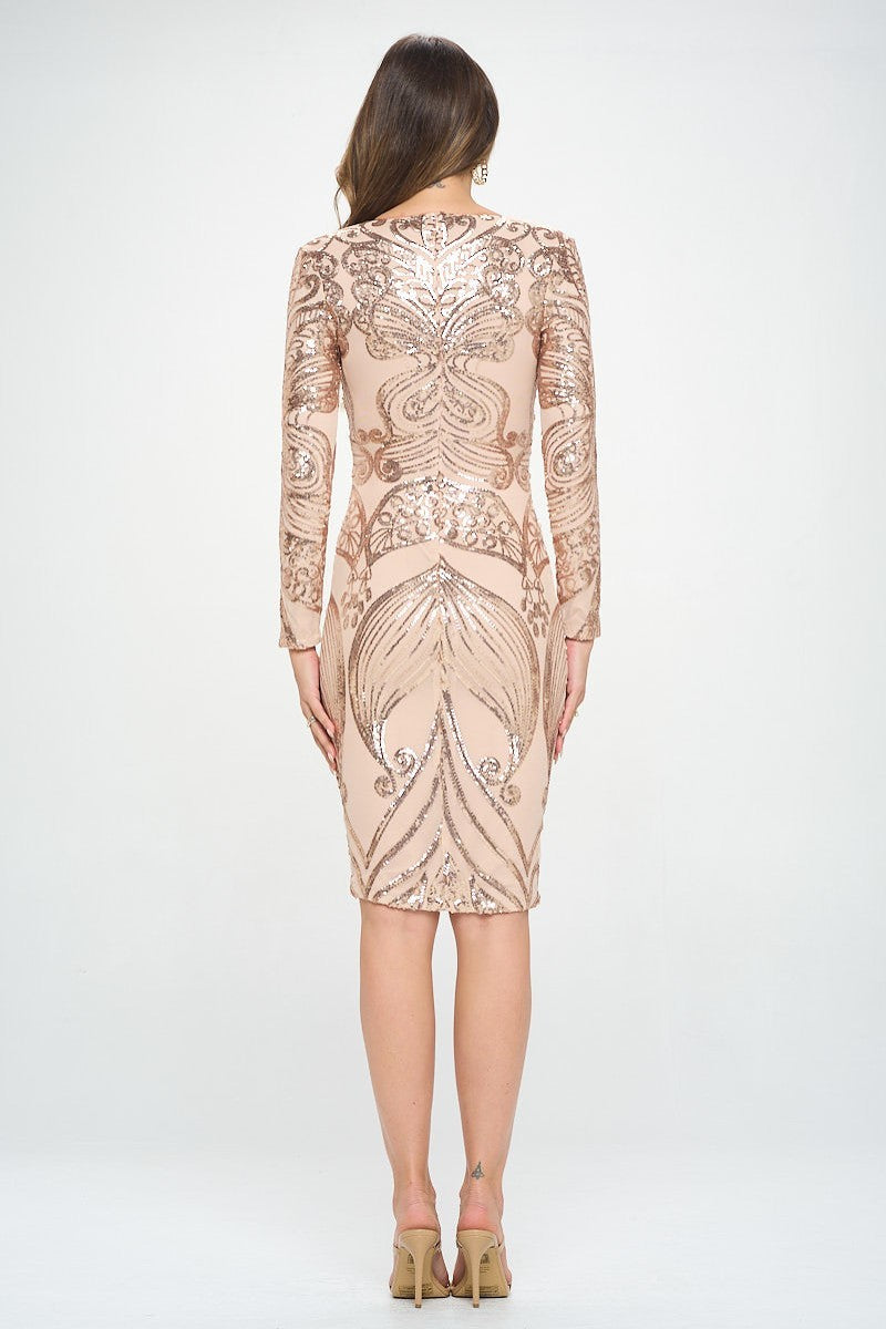 RICARICA LONG SLEEVE SEQUENCE MIDI DRESS BUTTERFLY - CHAMPAGNE ...