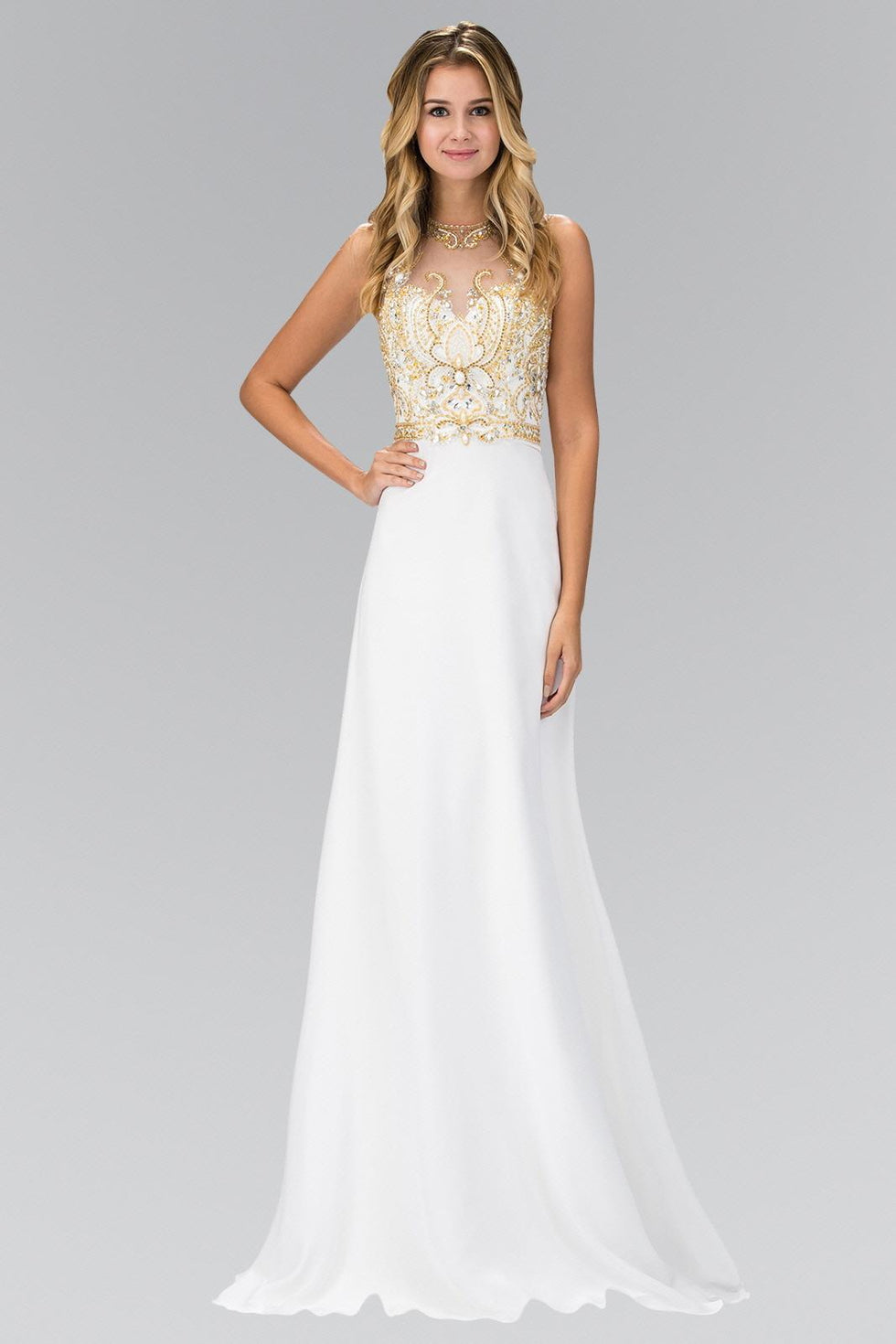 Elizabeth K GL 1329 Jewel and Bead Embellished Long Dress with Back Cu ...