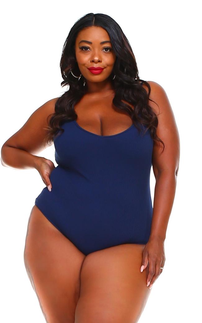 Plus Size V Neck Ribbed Bodysuit Navy Blue S 3xl