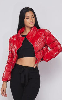red cropped bubble coat