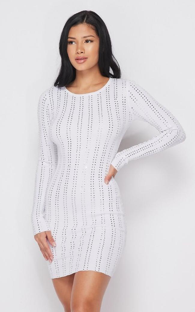 Rhinestone Striped Long Sleeve Mini Dress - White – SohoGirl.com