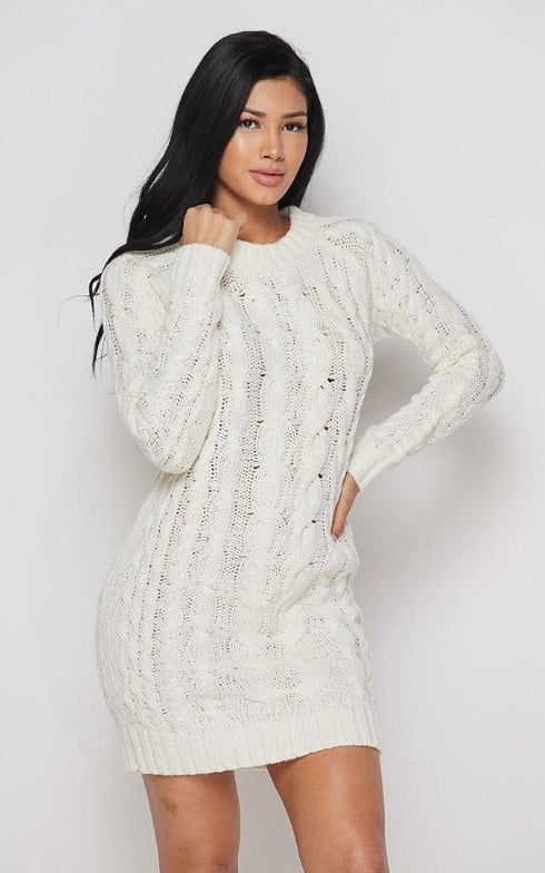 Cable Knit Mini Sweater Dress - Ivory – SohoGirl.com