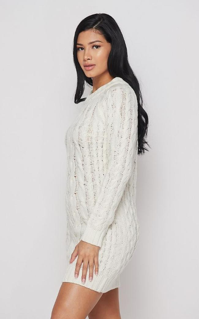 Cable Knit Mini Sweater Dress Ivory 