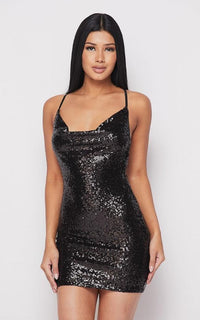 black sequin cowl neck dress