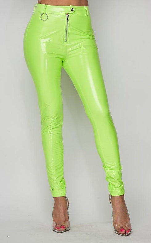 Button Up Waist Vinyl Faux Leather Pants - Neon Green – SohoGirl.com