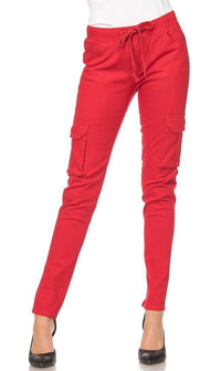 red cargo joggers