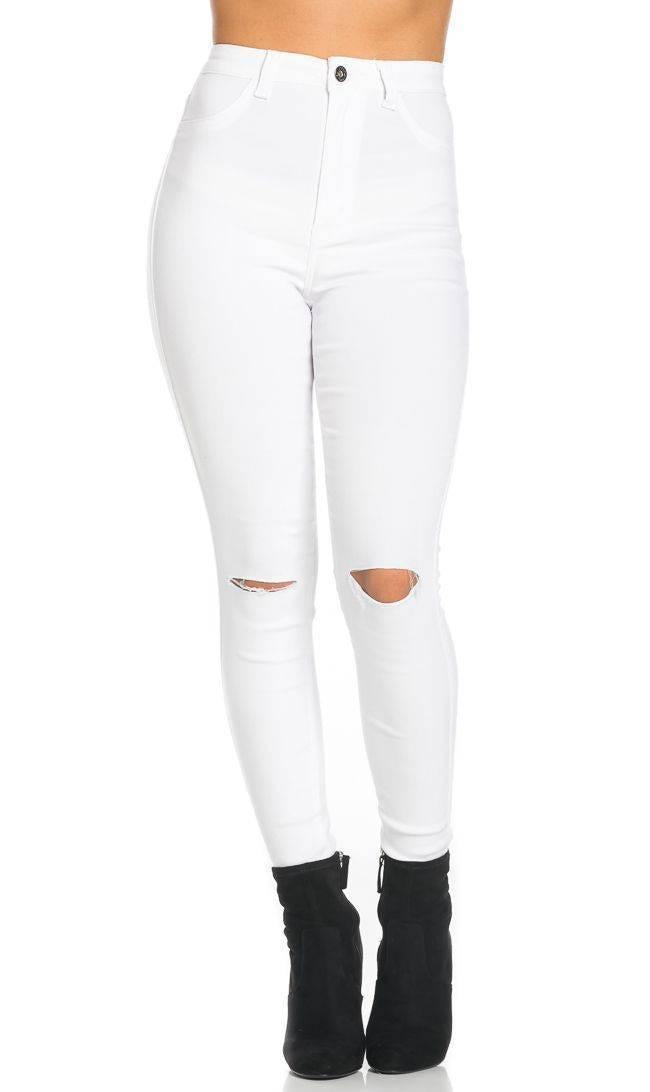 Super High Waisted Knee Slit Skinny Jeans in White | SohoGirl.com