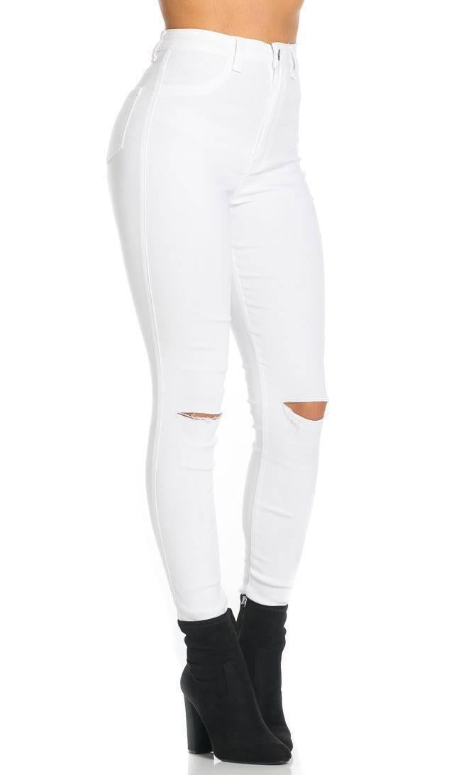 Super High Waisted Knee Slit Skinny Jeans - White – SohoGirl.com