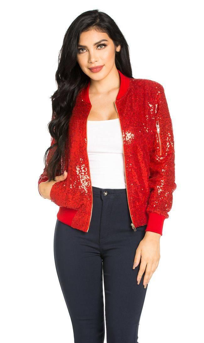 All Over Sequin Bomber Jacket in Red – SohoGirl.com