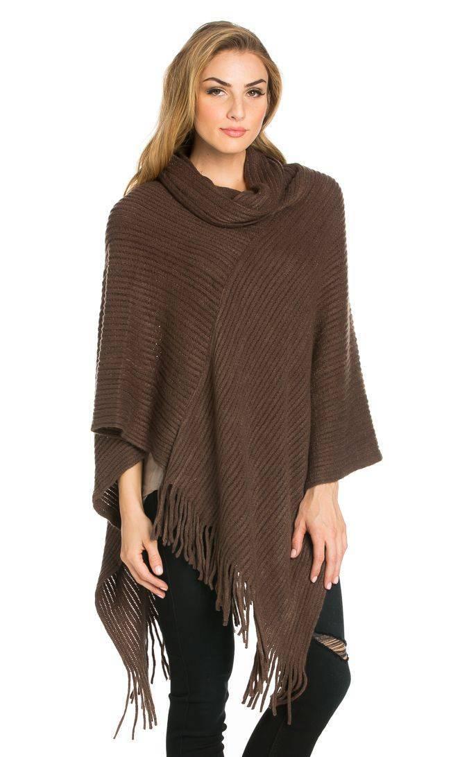 Solid Ribbed Cowl Neck Poncho in Brown – SohoGirl.com