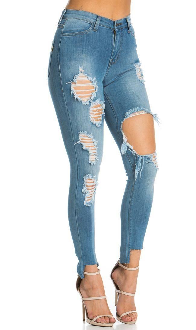 High Waisted Ankle Cut Out Distressed Skinny Jeans in Blue – SohoGirl.com