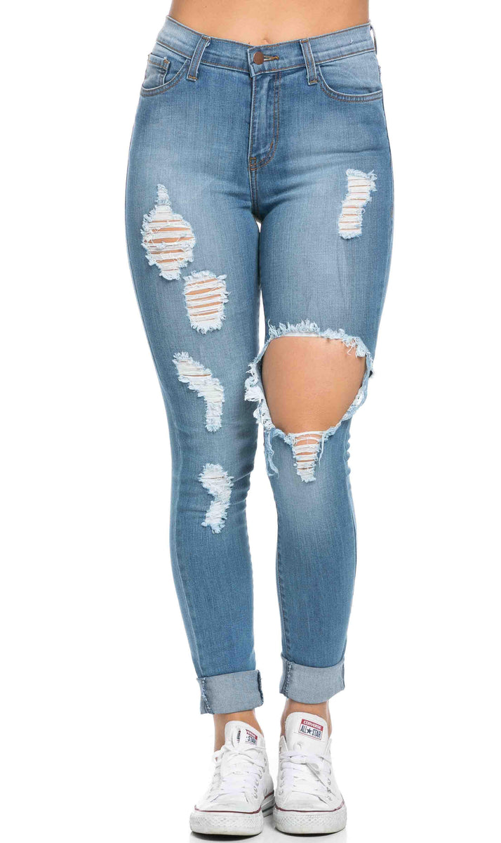 High Waisted Distressed Skinny Jeans ( Plus Size Available ) - Denim B ...