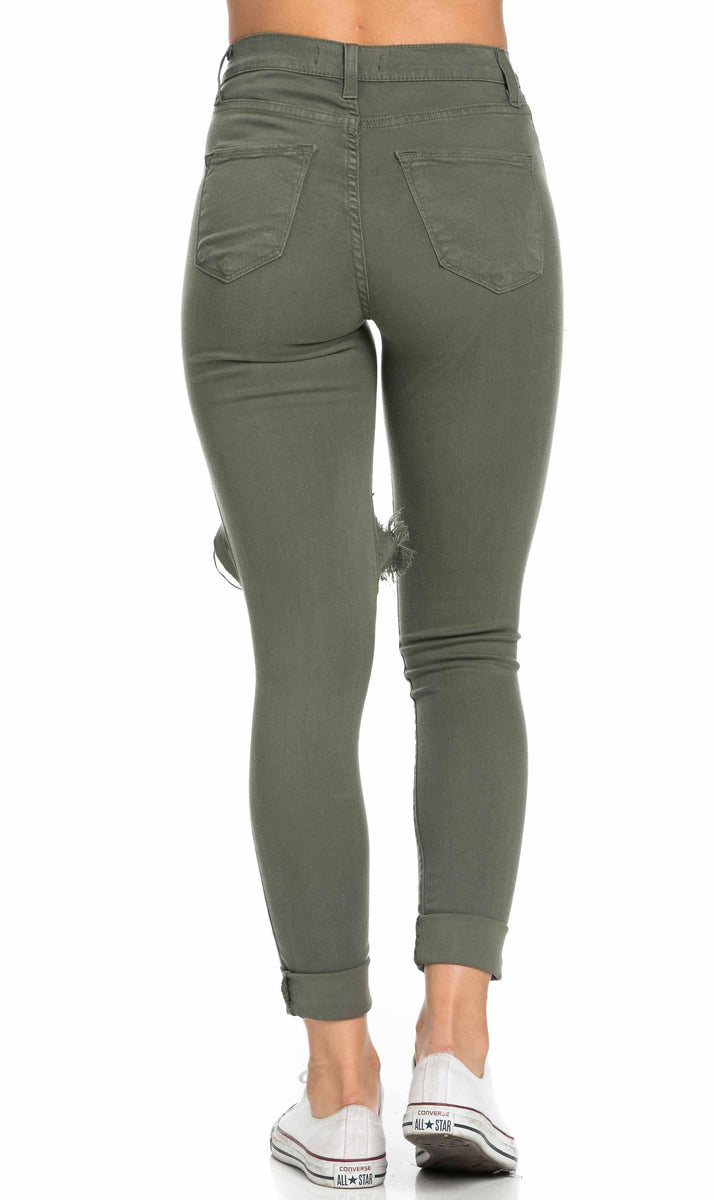 High Waisted Distressed Skinny Jeans in Olive (Plus Sizes Available ...
