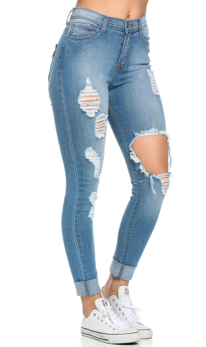 Vibrant Jeans High Waisted Distressed Skinny Jeans in Blue (Plus Sizes ...