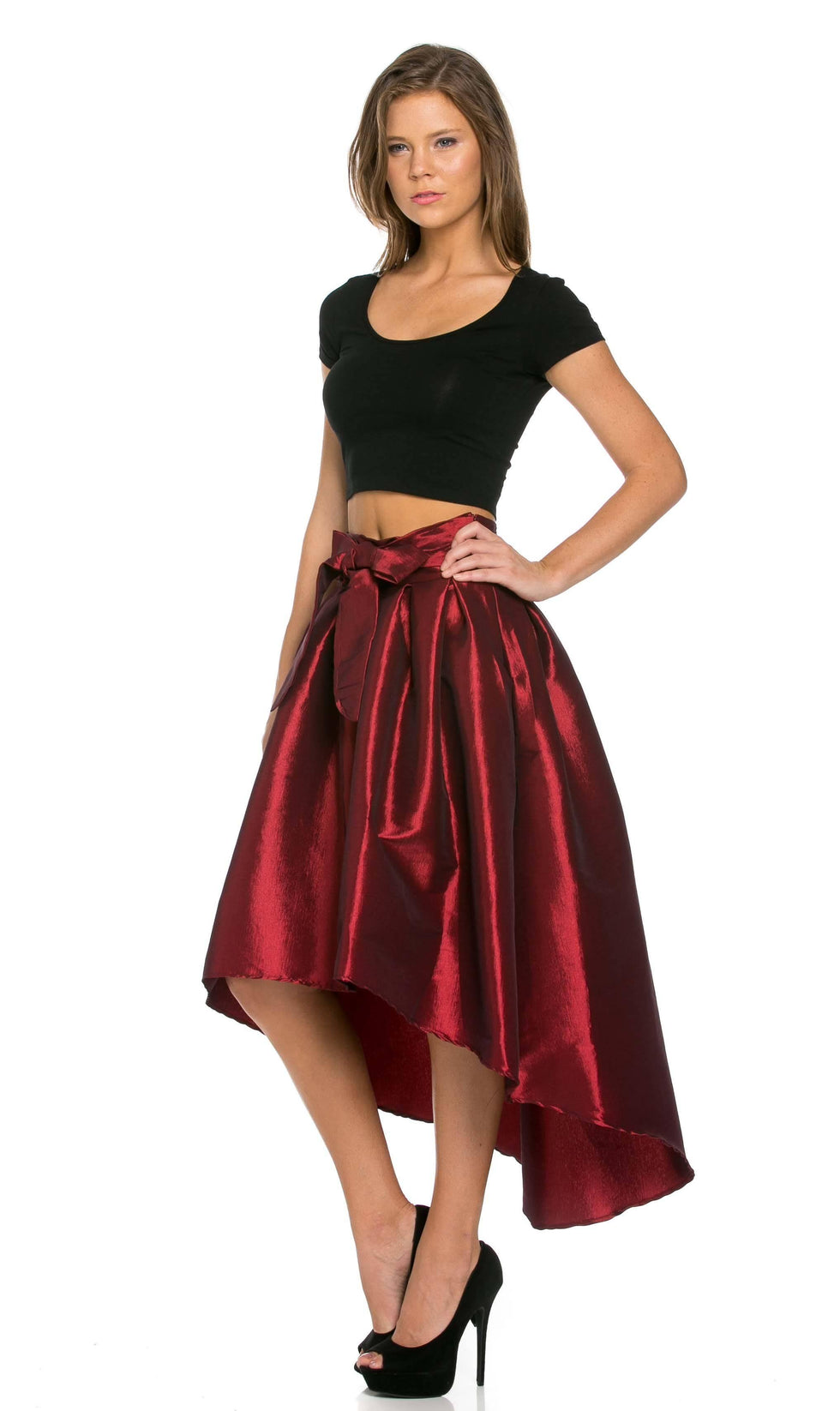 Burgundy Pleated High-Low Taffeta Midi-Skirt – SohoGirl.com