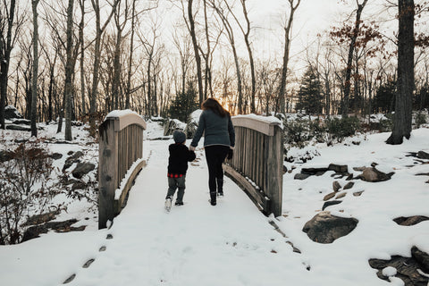 Snowy setting with two people walking.