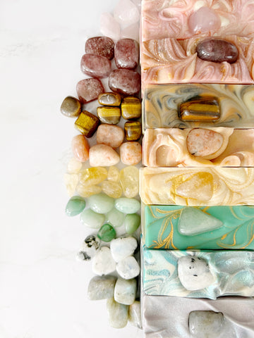 A collection of crystal soaps made by Lather + Soul Skincare