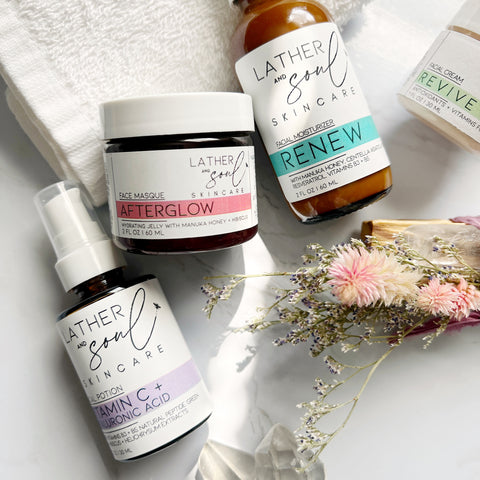 an collection of Lather + Soul's skincare products