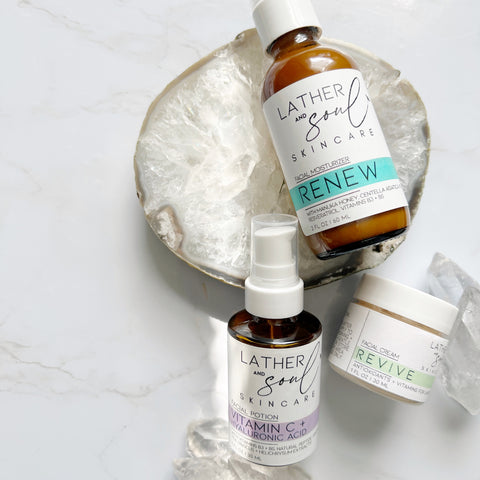 A collection of Lather + Soul's skincare products