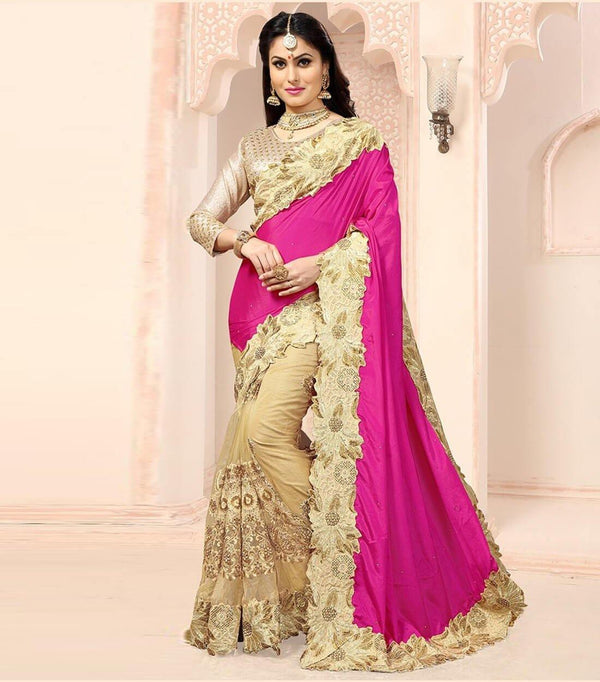 net and satin chiffon party wear half n half saree in beige and pink color designer mart 1 60ec3458 c558 447b 8c92