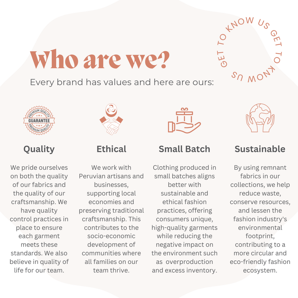 Image explaining our brand values of high quality, ethically made, small batch and sustainable productions