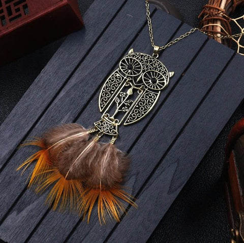 collier pendentif hibou plumes chouette talisman