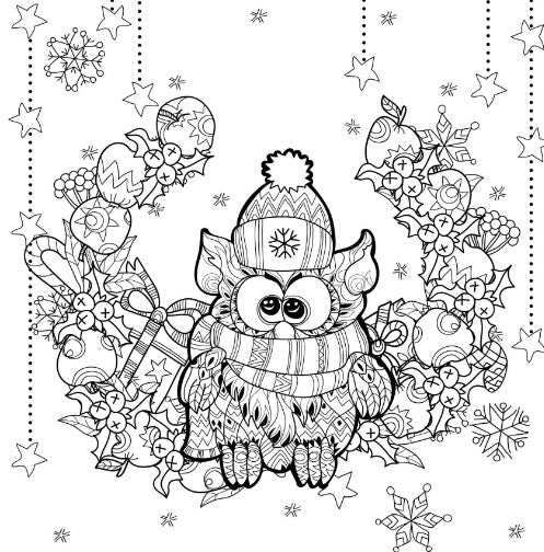 dessin de hibou a imprimer noel couronne houx bonnet