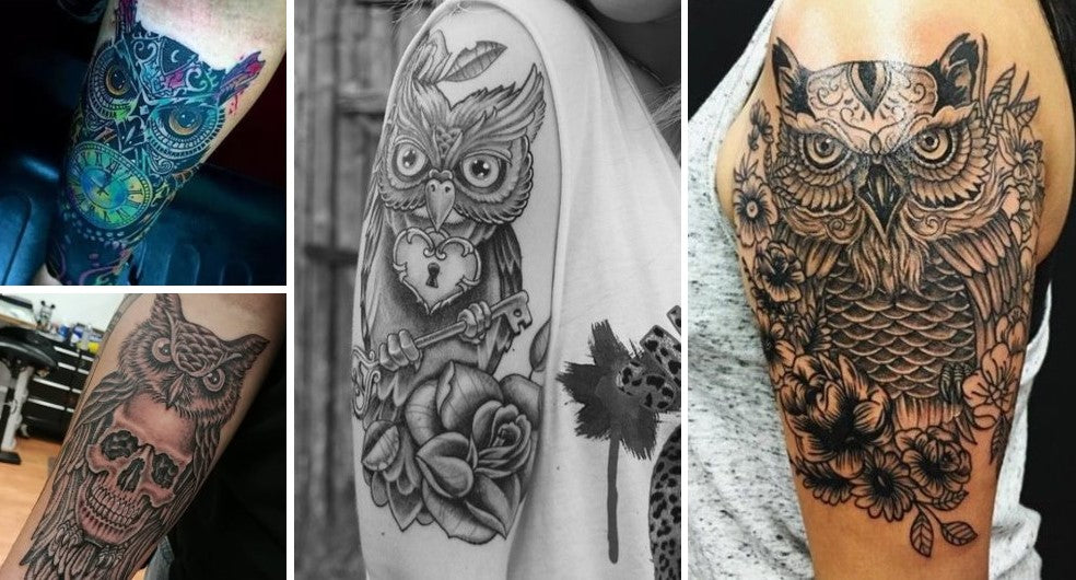 tatouages hiboux chouettes bras avant bras couleur noir et blanc