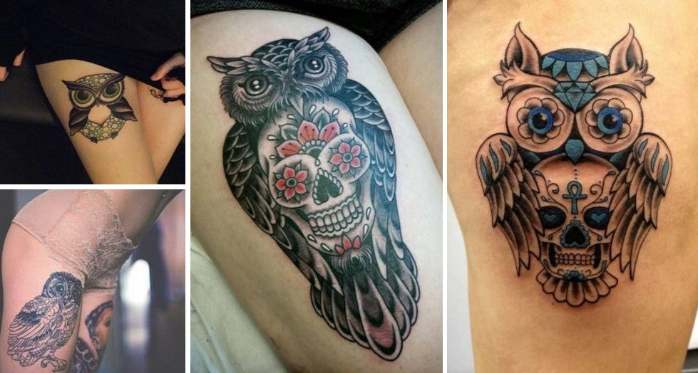 tatouages hiboux chouette cuisses femmes couleurs noir et blanc