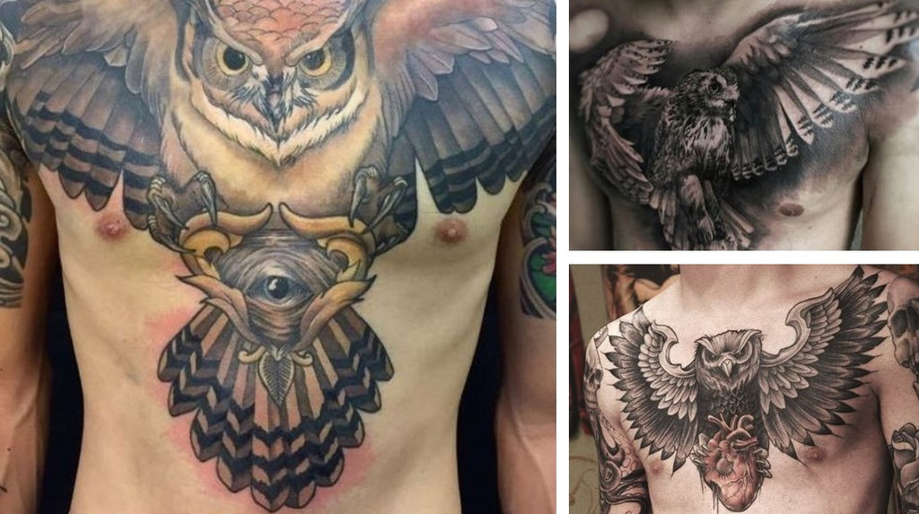 tatouages hiboux torses hommes noir et blanc et couleurs