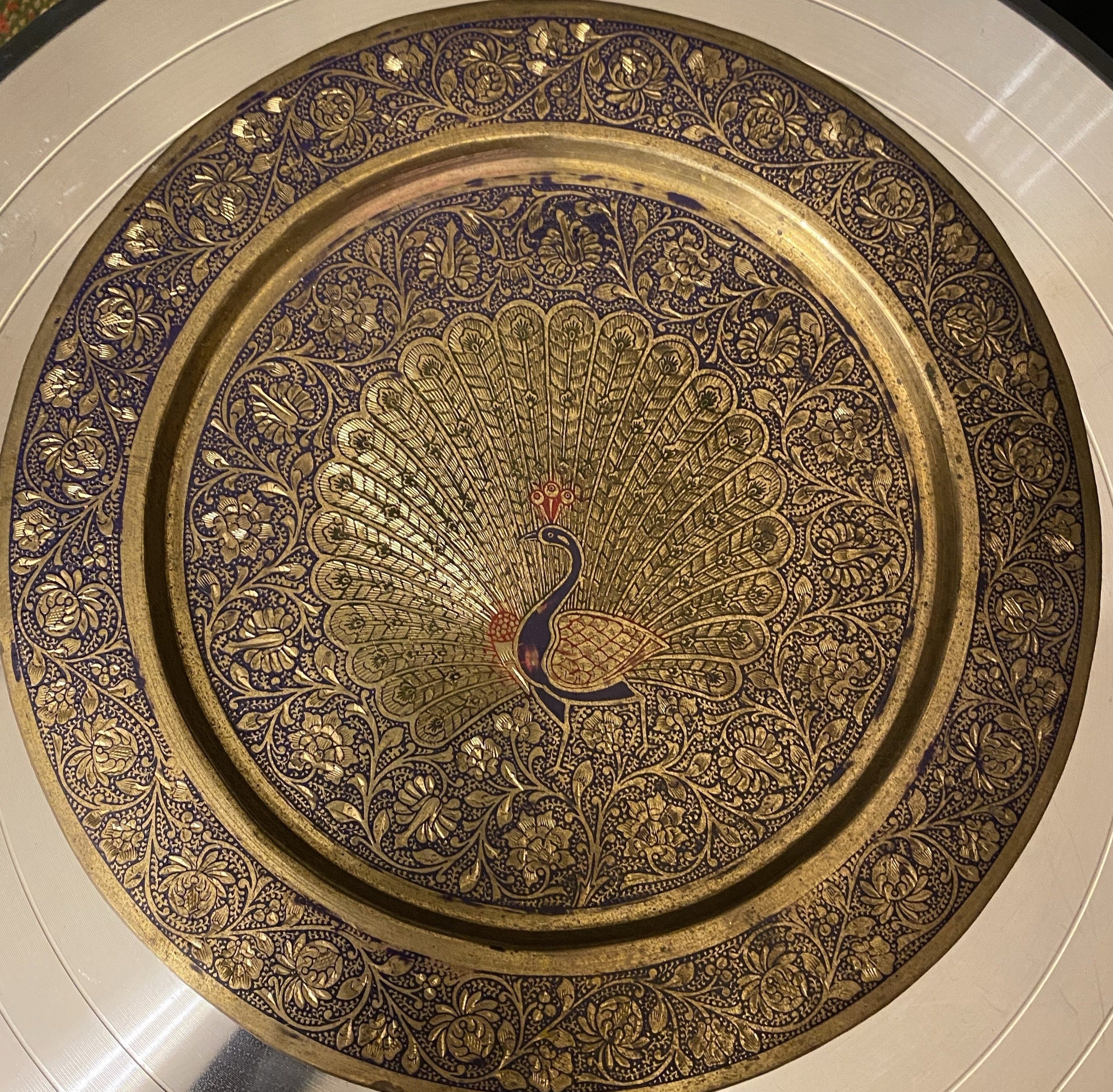 Small Vintage Etched Painted Brass Bowl with Peacock Design, Made