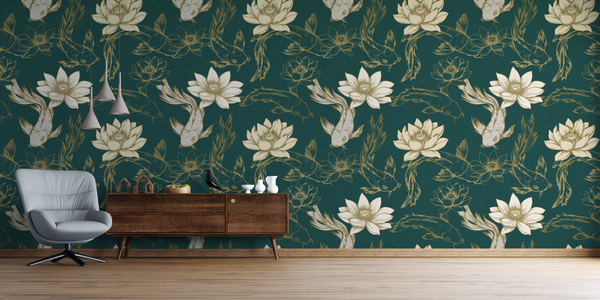 Green background wallpaper with koi fish and lilies