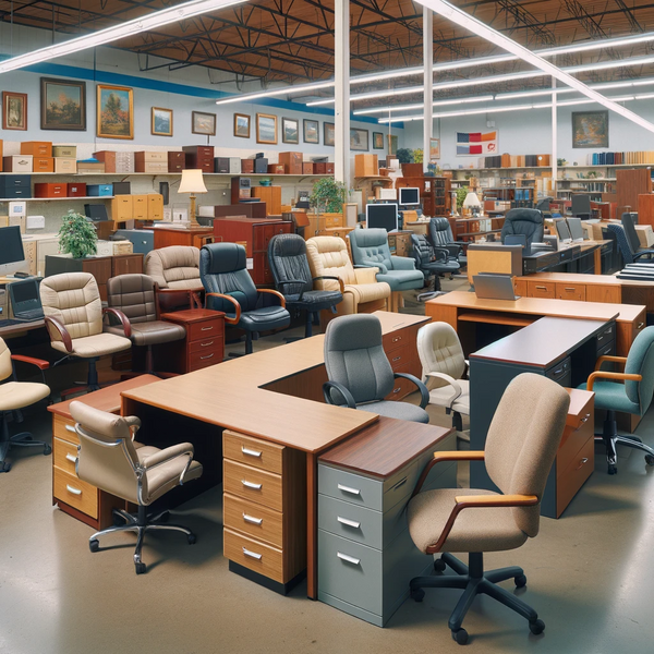 An inside of a second hand office furniture warehouse in London