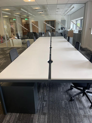 first two batches of second hand bench desks already assembled in an office in Brixton