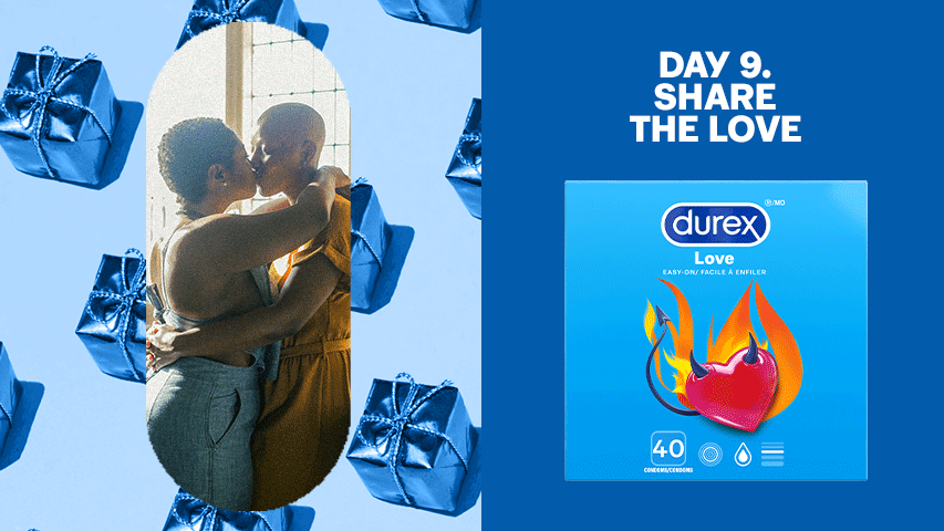 Split screen image of two women kissing tightly against blue gift background next to Durex Love condoms.