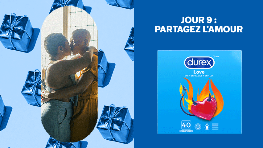 Écran partagé de deux femmes s’embrassant intimement sur fond de cadeaux bleus, à côté de condoms Durex Love.