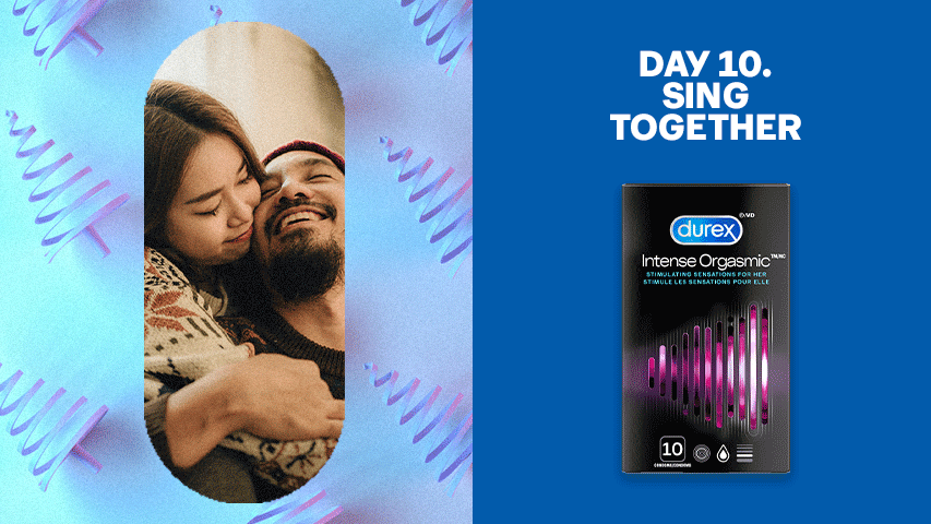 Split screen image of two people hugging closely against spiral holiday tree background next to Durex Intense Orgasmic, Ribbed & Dotted Condoms.