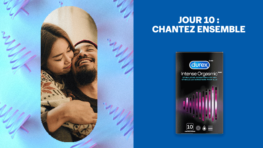 Écran partagé de deux personnes s’étreignant sur fond d’arbres de Noël obliques, à côté des condoms nervurés et microperlés Durex Intense Orgasmic.