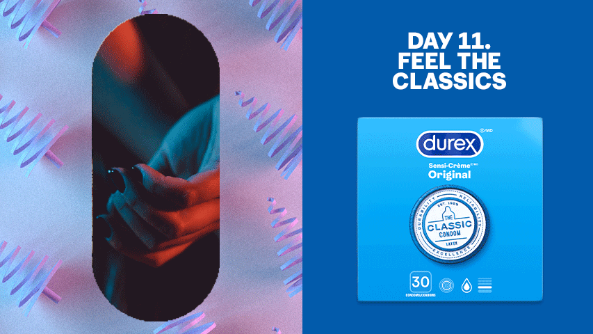 Split screen image of hand with black nail polish against spiral holiday tree background next to Durex Sensi-Crème Original condoms.