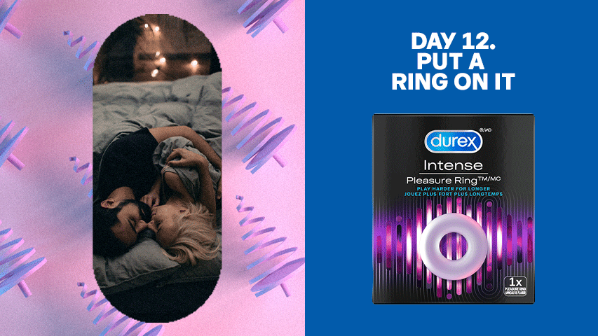 Split screen image of two people kissing under the covers against spiral holiday tree background next to Durex Pleasure Ring.