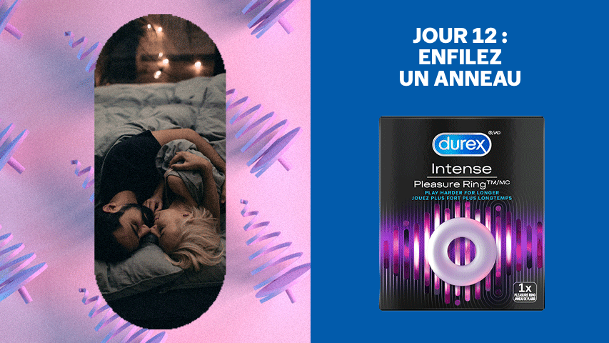 Écran partagé de deux personnes s’embrassant sous les couvertures sur fond d’arbres de Noël obliques à côté de l’anneau pénien Durex Pleasure Ring.