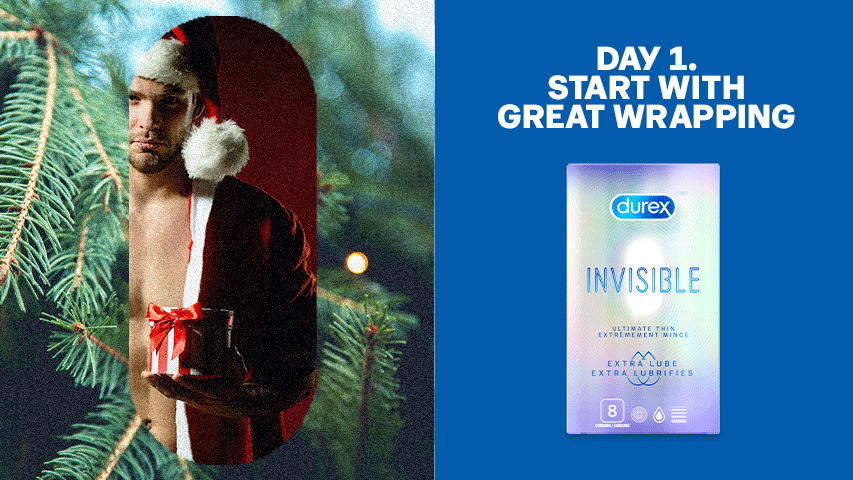 Split screen image of man in Santa hat holding gift against pine tree background next to Durex Invisible Ultimate Thin Condoms.