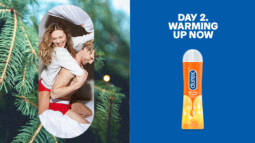 Split screen image of couple having a pillow fight against pine tree background next to Durex Play Warming lube.