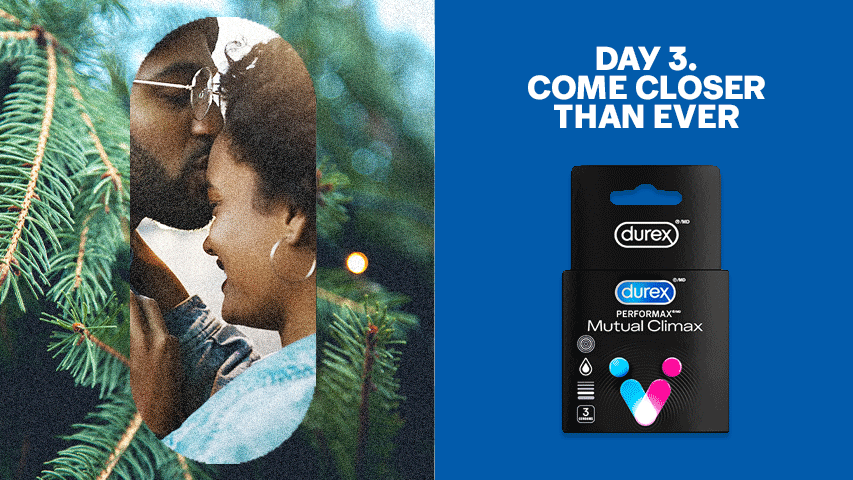Split screen image of man kissing partner’s forehead against pine tree background next to Durex Mutual Climax, Ribbed & Dotted Condoms with Delay Gel.