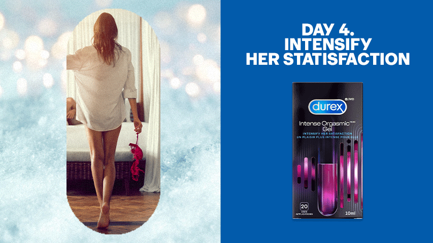 Split screen image of woman holding out her red bra against dreamy winter background next to Durex Intense Orgasmic Gel.