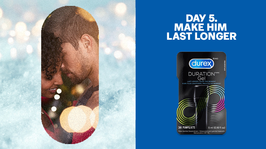 Split screen image of couple getting closer against dreamy winter background next to Durex Duration Gel for Men.