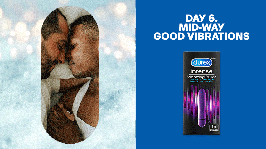 Split screen image of two men rubbing noses against dreamy winter background next to Durex Intense Bullet vibrator.